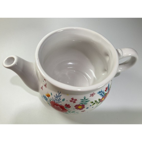 Floral Teapot Ceramic Rose White w/ Blue & Pink Flowers - Picture 2 of 8